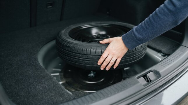 Person placing a spare tire into the trunk compartment of a car for travel safety and emergency preparedness