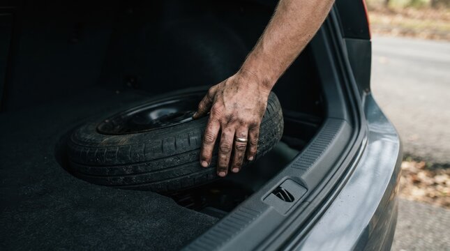 Man taking spare tire out of car trunk to fix a flat tire on the road