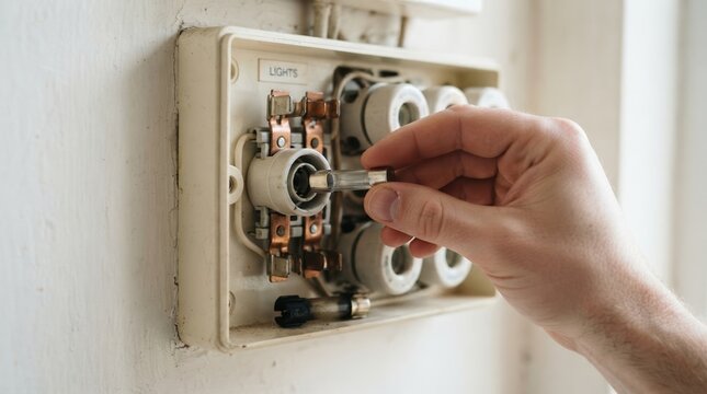 Replacing a glass cartridge fuse in an old electrical fuse box on a wall
