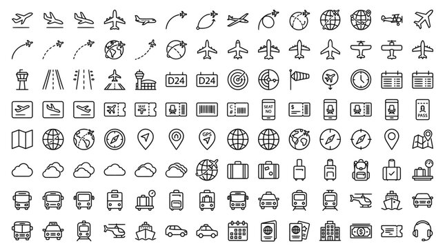 Set of plane vector line icon. It contains symbols to aircraft, globe and more. Editable move. 32x32 pixels.