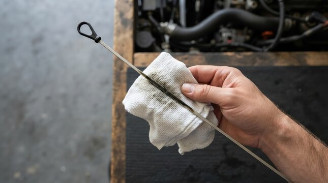 Man wiping engine oil dipstick with a white rag in a car repair shop to check engine fluid levels