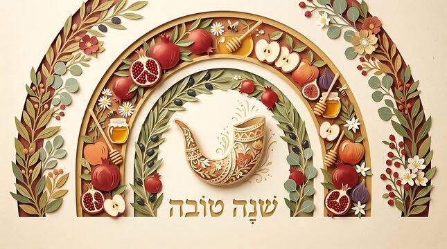 Rosh Hashanah Greeting with Shofar Pomegranate and Hebrew Text