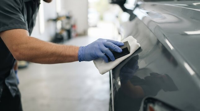 Professional car detailing specialist applying ceramic coating protection with applicator pad and microfiber cloth