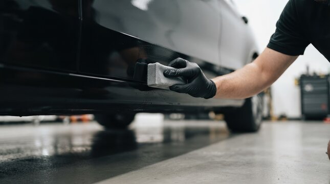 Professional car detailing and ceramic coating application on a black vehicle in a service garage