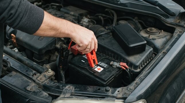 Man jumping a dead car battery with a portable jump starter pack in the engine bay