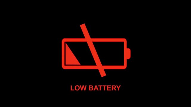 Low battery warning symbol icon in red on a black background showing critical power failure