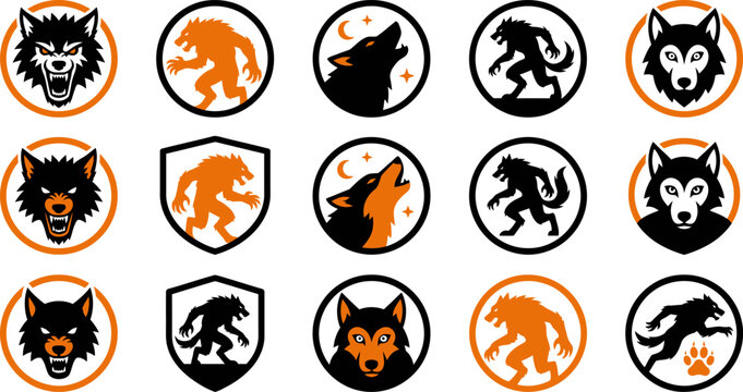 Collection of various wolf and werewolf emblems and icons for sports team logos or gaming avatars