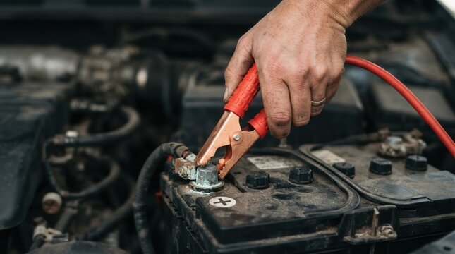 Man jumping a car battery with jumper cables in an engine bay for roadside assistance and automotive repair