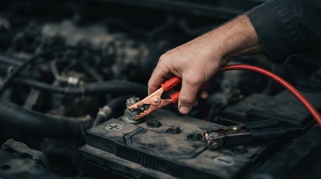Person jumping a car battery with jumper cables in an engine bay representing auto repair and roadside emergency assistance