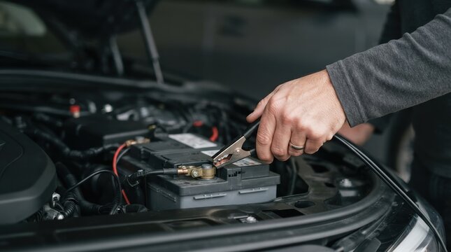 Man jumping a car battery with jumper cables in an engine bay, roadside assistance concept