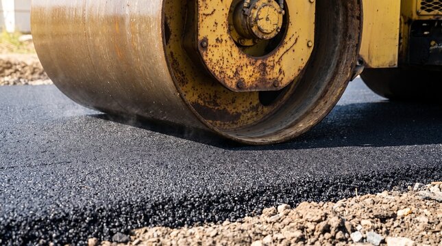 Close-up of a heavy asphalt paving roller compressing a new layer of dark black tar road surface construction