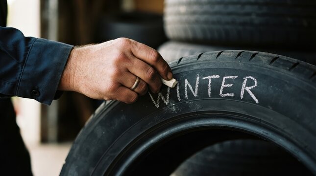 Mechanic writing winter on a car tire with chalk in a garage, concept of seasonal tire storage and change
