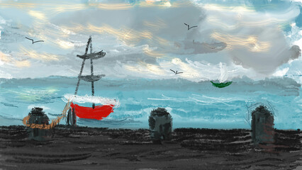 Old World harbor with red sailing vessel and green sailboat under cloudy sky, painted illustration © KJEWELARTS