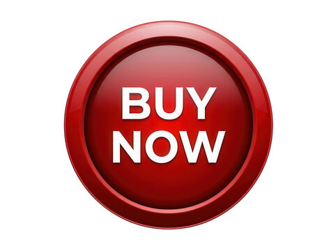 Glossy red circular buy now button isolated on transparent background