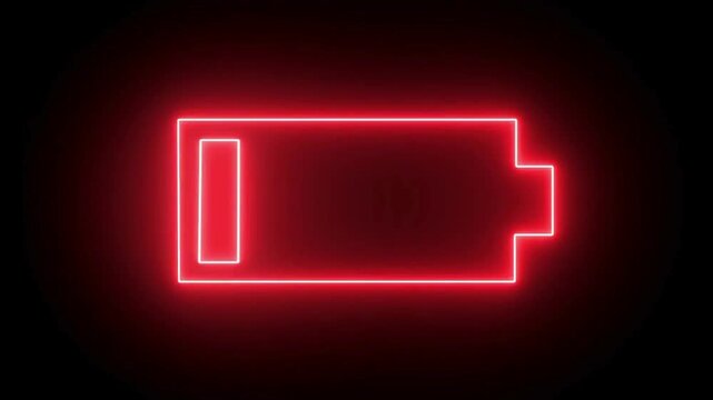 Digital Red Neon Outline Icon Signifying Critically Low Battery Charge and Urgent Power Depletion Warning on a Dark Background