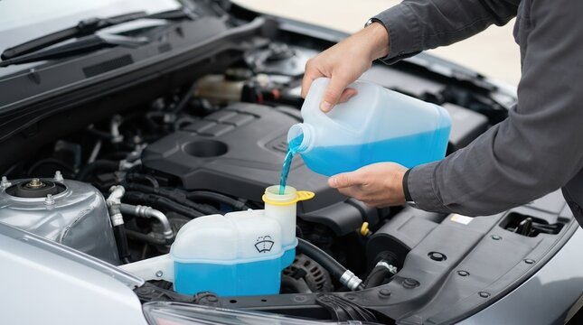 Mechanic pouring blue windshield washer fluid into a car reservoir engine bay during maintenance