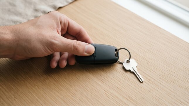 Person holding a modern car key fob with a metal key on a wooden table, representing automotive security and vehicle access