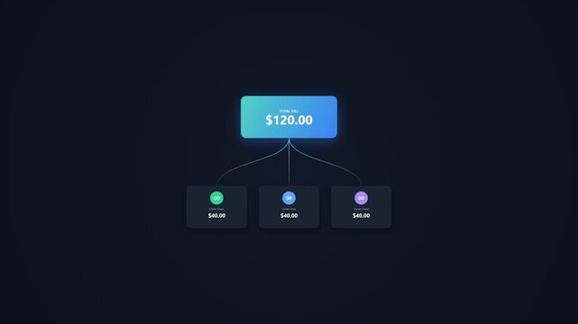 Bill splitting animation showing total amount divided between people.