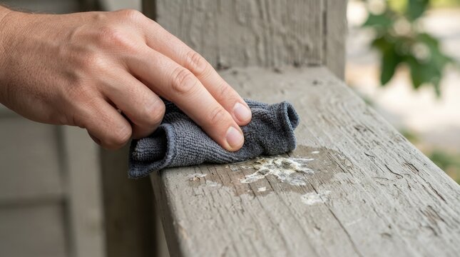 Hand cleaning bird dropping from wooden railing outdoors with a cloth representing outdoor maintenance and porch cleaning