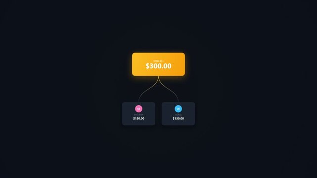 Financial split animation showing total amount divided into two shares