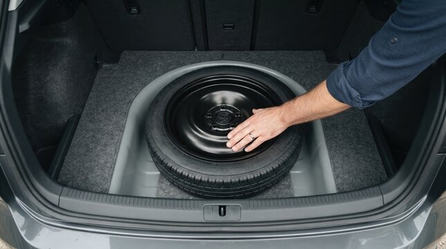 Man inspecting spare tire in car trunk compartment storage utility replacement preparation