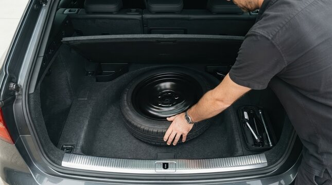 Man taking out spare tire from car trunk compartment during emergency breakdown situation
