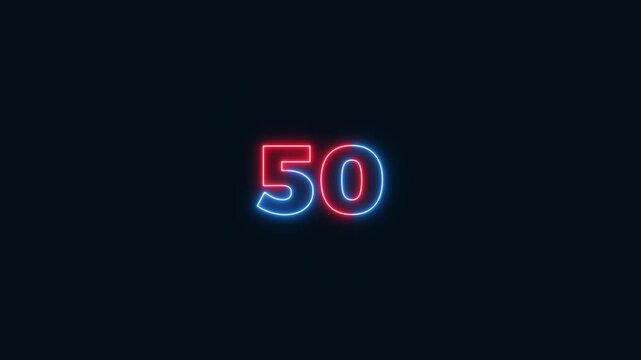 Glowing neon 0 to 100 countdown.counting number from 0 to 100 simple counter animation on black .