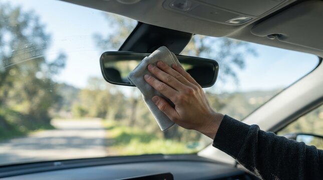 Man cleaning rearview mirror with microfiber cloth inside car detailing interior