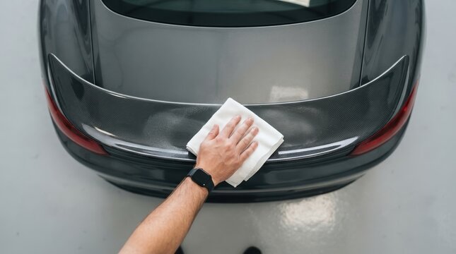 A man polishing the rear spoiler of a dark gray sports car with a white microfiber cloth in a garage