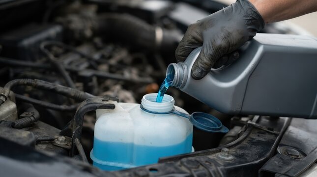 Mechanic pouring blue windshield washer fluid into a car reservoir under the hood for vehicle maintenance