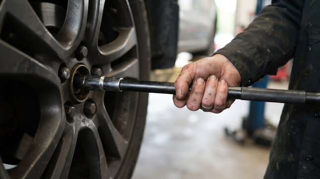 Mechanic repairing car tire with a torque wrench in a professional auto repair shop