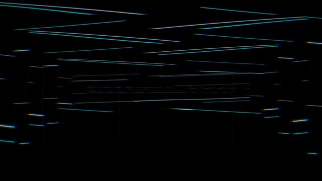 RGB glitch light streaks sweep across a black background with chromatic aberration, scanlines, and digital distortion. Perfect for cyberpunk visuals, technology, broadcast, intros, and motion graphics