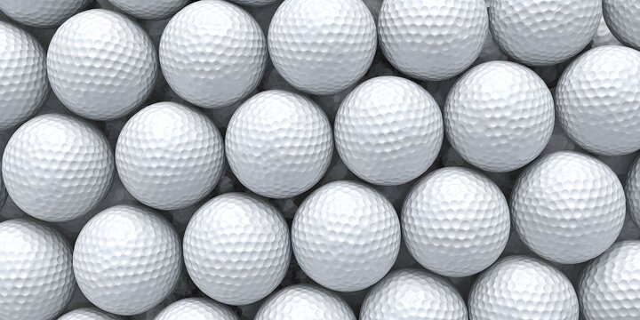 Close up view of numerous white golf balls with dimpled surfaces arranged tightly together.