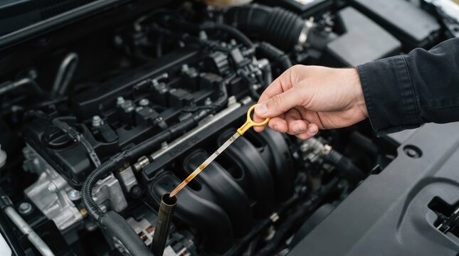 Mechanic checking engine oil level with dipstick in car engine bay for maintenance service