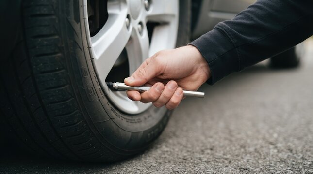 Man checking car tire pressure with a gauge to measure inflation and vehicle safety maintenance