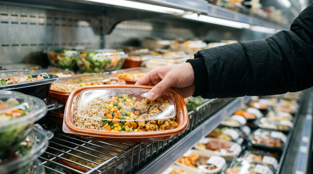 Customer choosing a prepackaged salad meal from a refrigerated display case in a modern grocery store with supermarket shopping customer refrigerated selection