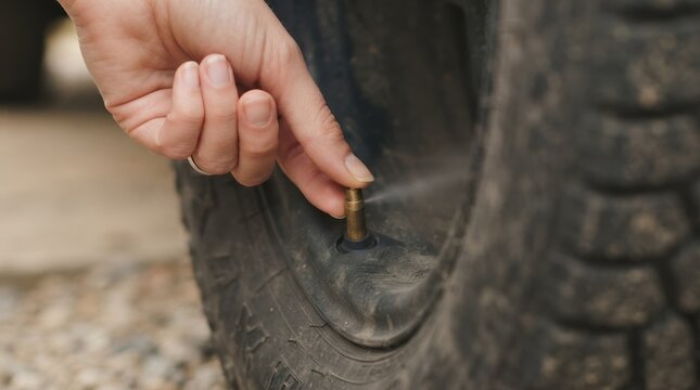 Woman deflating a car tire by pressing the valve stem, releasing air pressure outdoors