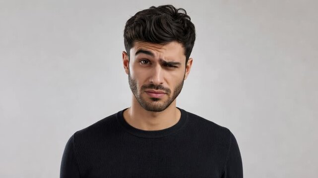 Portrait of a young man with dark hair and beard showing a skeptical expression