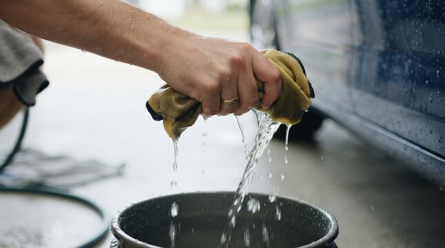 A man wringing out a wet cloth into a bucket while washing a car outdoors, representing vehicle maintenance and cleaning chores