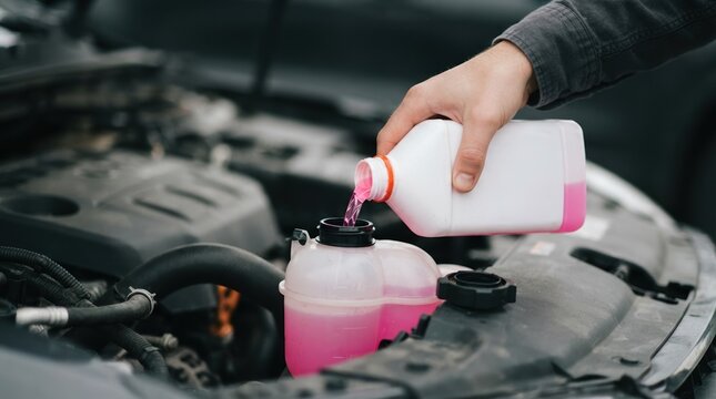 Person pouring pink coolant antifreeze into a car engine coolant reservoir for vehicle maintenance and repair