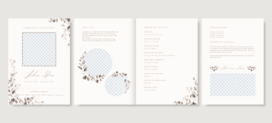 Elegant floral funeral program template, brown botanical memorial service vector © momosama