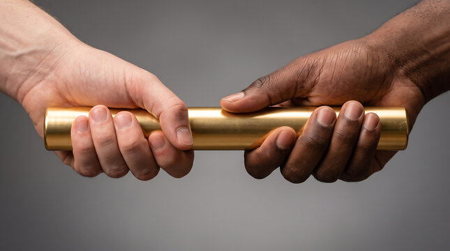 Business people handing over golden relay baton signifying collaborative effort project handover leadership handover and corporate teamwork success with handover