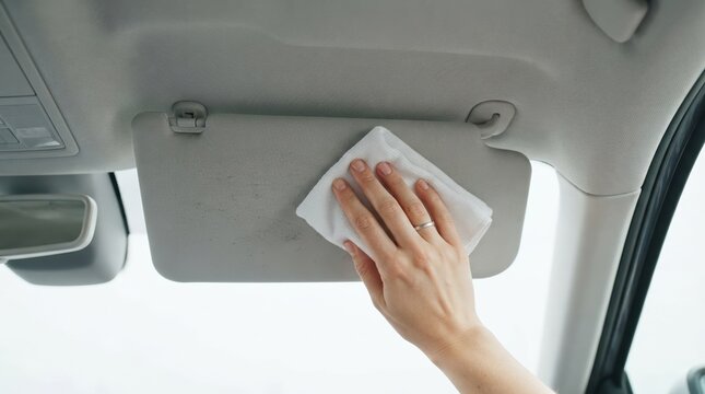 Woman cleaning car sun visor with a white microfiber cloth interior detailing upkeep