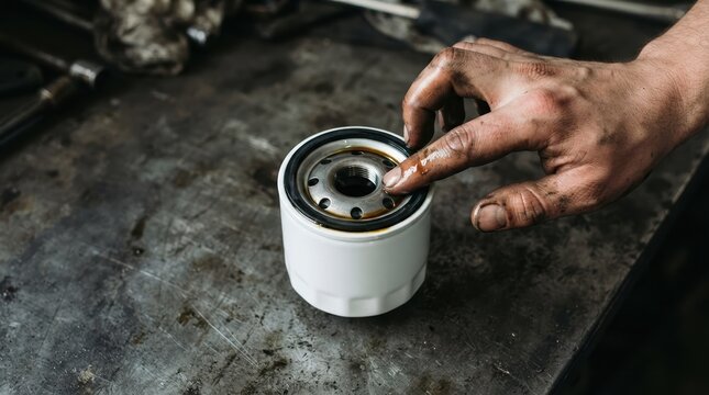 Mechanic lubricating a new car oil filter gasket with fresh motor oil in a workshop garage