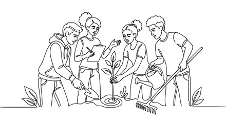 Fototapeta premium Diverse group of young people planting a tree, teamwork, environmental care, gardening concept