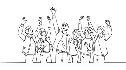 Obraz premium Diverse group of people raising hands in excitement and celebration, line art illustration.