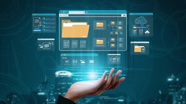 Digital File Management Concept with Virtual Folders and Hand Interaction in a High-Tech Environment Sigmoid