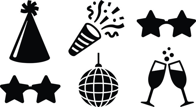 New Year Celebration and Birthday Party Icon Set with Cone Hat, Confetti Popper, Star Glasses, Disco Ball, and Champagne Glasses Silhouette Vectors for Festive Event Designs