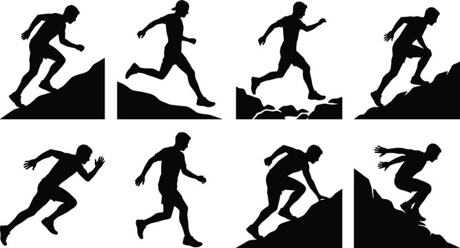 Trail running athlete silhouette vector bundle featuring mountain runners, jumping, climbing, and outdoor fitness action poses collection