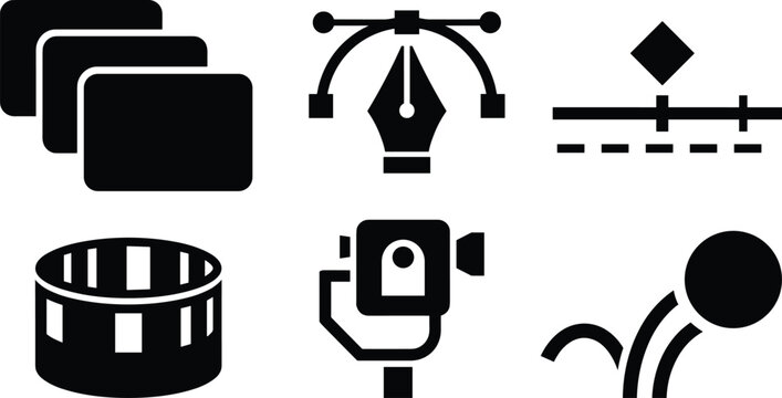 Video Editing and Motion Graphic Animation Icon Set Featuring Pen Tool, Timeline Keyframe, Film Reel, Camera Gimbal, and Bouncing Ball Silhouette Vectors for Multimedia Production